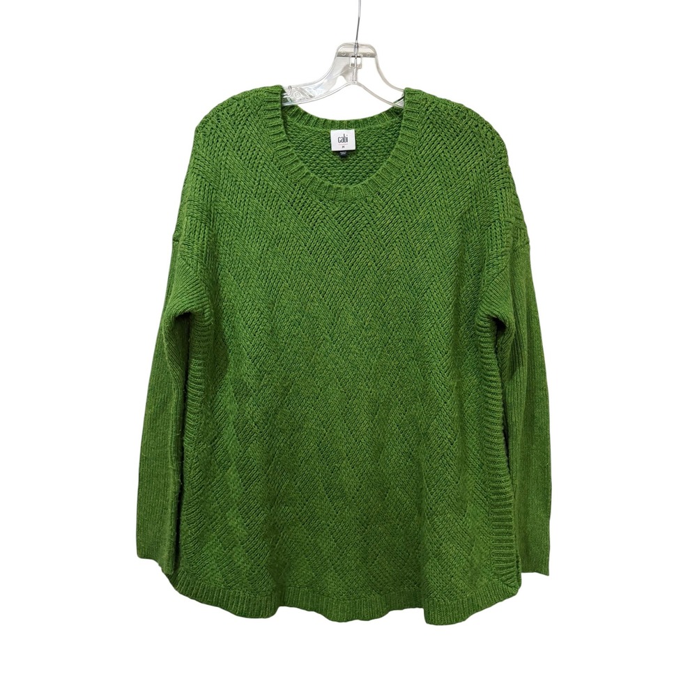 Cabi Medium Green Basket Weave Sweater 4244 Crew Neck Long Side Slit